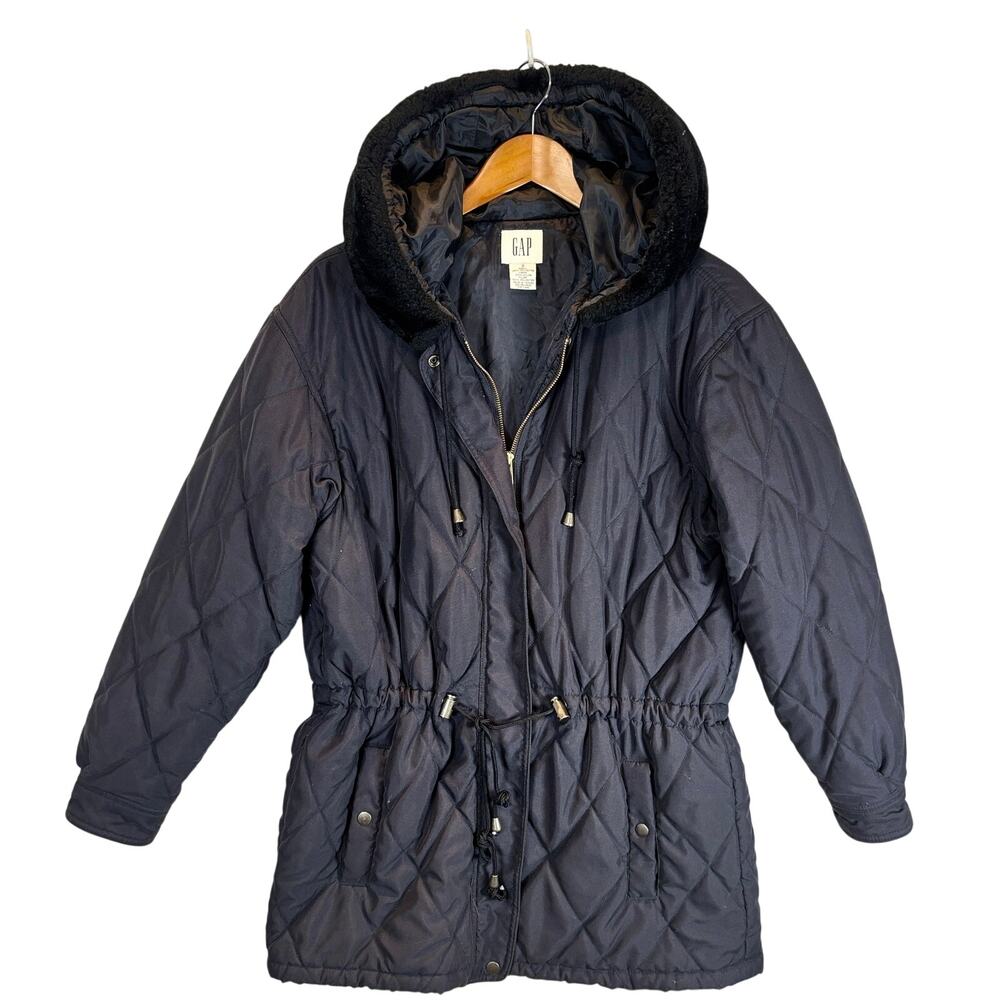 Vintage GAP Jacket Womens Small Black Quilted Parka Hooded Faux Fur TAIWAN 90s